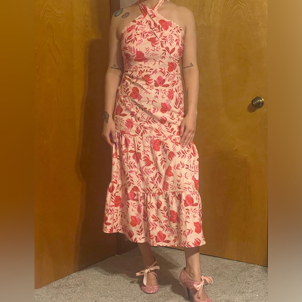 Chic Halter Neck Floral Midi Dress